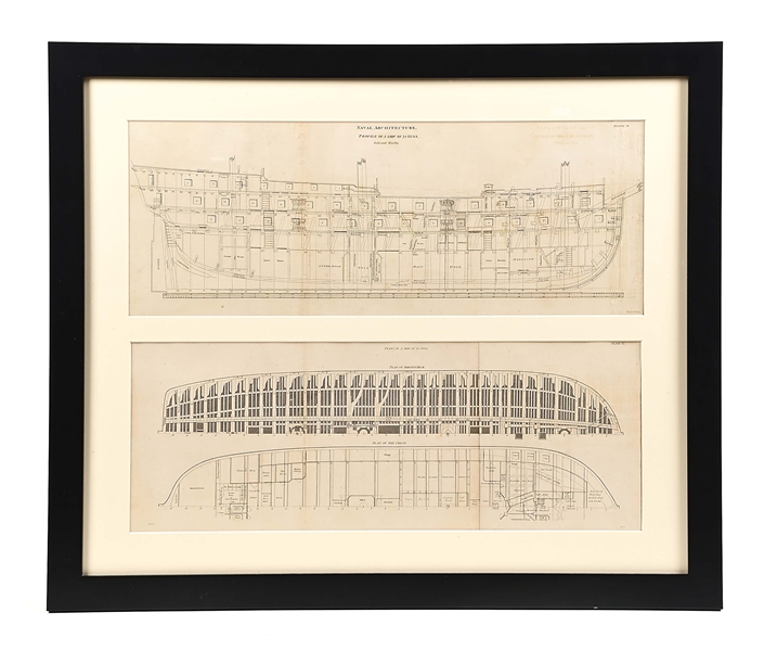 PAIR OF FRAMED, ROYAL NAVY 74-GUN SHIP PLANS. WAR OF 1812 ERA.