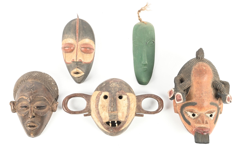 LOT OF 5: 4 AFRICAN WOODEN MASKS & 1 CERAMIC MASK MADE IN MEXICO