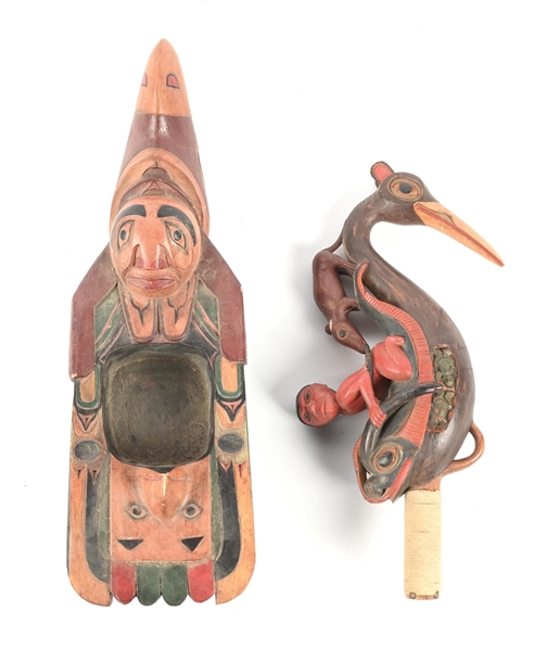LOT OF 2: NORTHWEST COAST RATTLE & WOODEN BOWL
