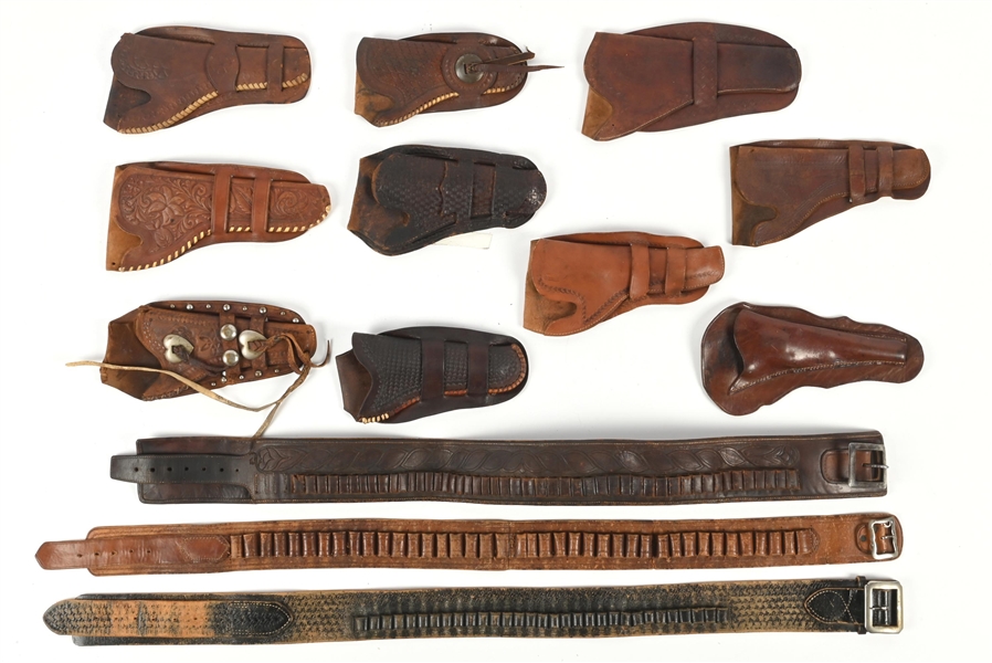 LOT OF (13) MISCELLANEOUS 19TH & EARLY 20TH CENTURY LEATHER HOLSTERS AND BELTS. 