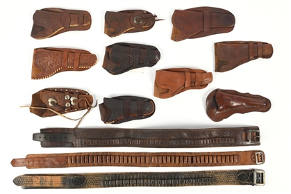 LOT OF (13) MISCELLANEOUS 19TH & EARLY 20TH CENTURY LEATHER HOLSTERS AND BELTS. 