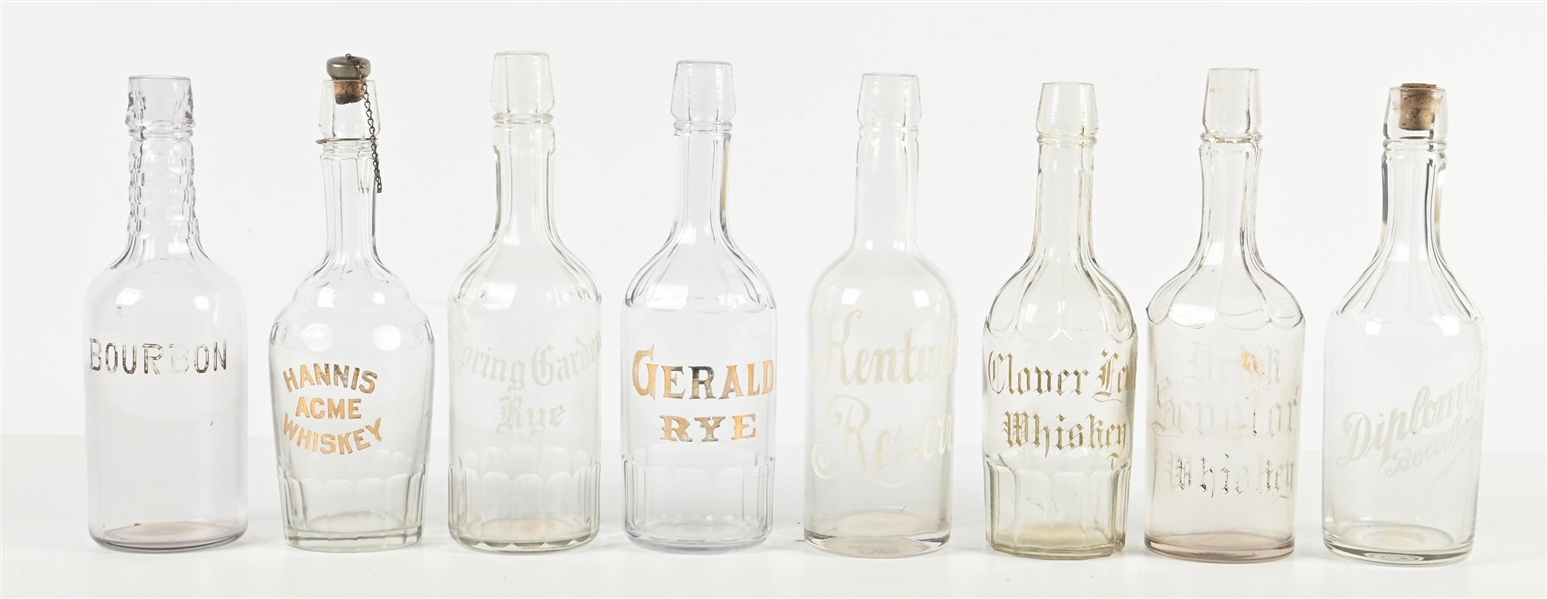LOT OF (8) PRE PROHIBITION  ETCHED GLASS WHISKEY BACK BAR BOTTLES