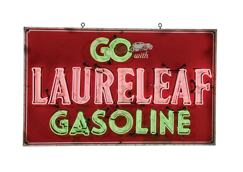 RARE GO WITH LAURELEAF GASOLINE PORCELAIN NEON SIGN W/ CAR GRAPHIC 