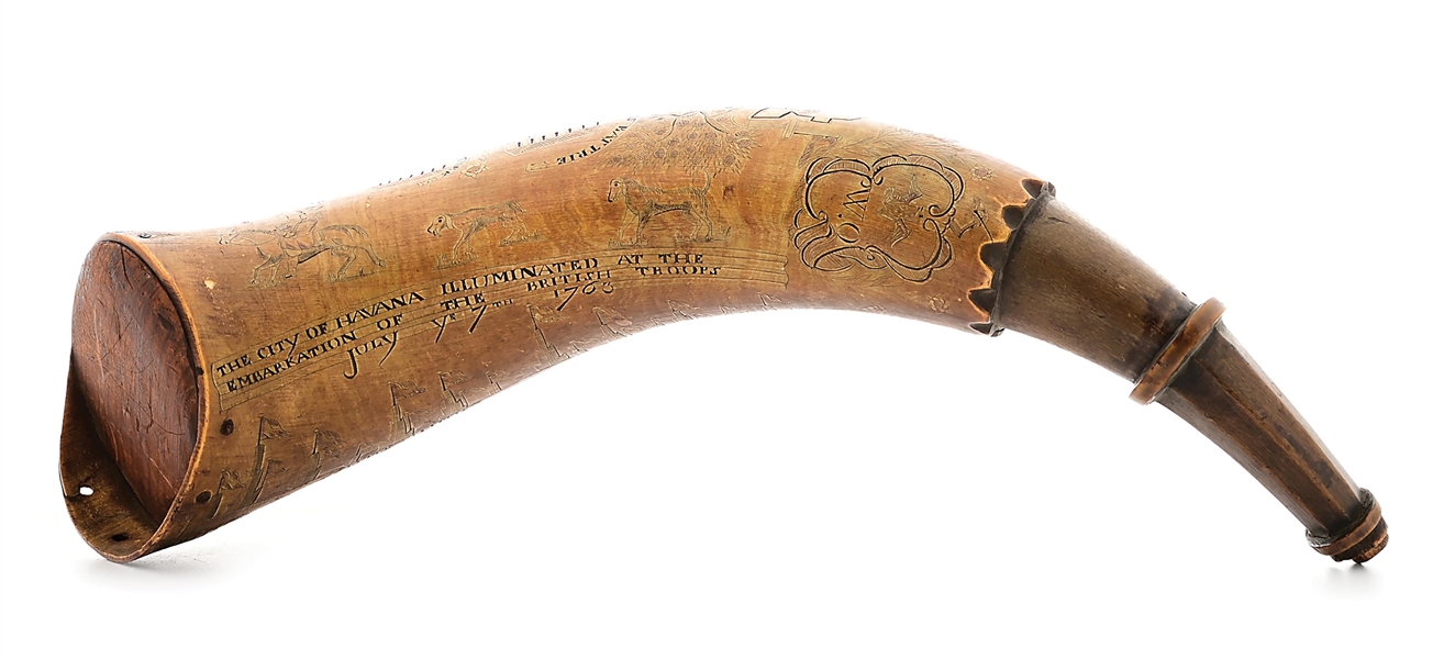 EXCEPTIONAL, RARE, UNTOUCHED, LARGE ENGRAVED HAVANA MAP POWDER HORN DATED JULY 7TH, 1763 AND DECORATED WITH POLYCHROME COLORS.