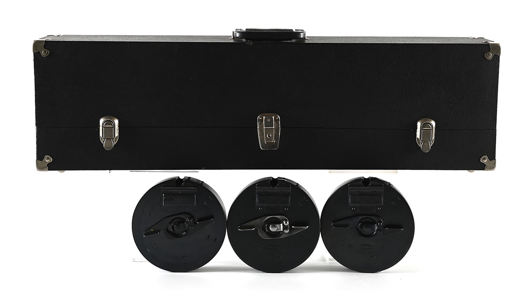 TWO DRUM CAPACITY LONG THOMPSON TRUNK CASE WITH 3 CONTEMPORARY DRUMS AND 1 MAGAZINE.