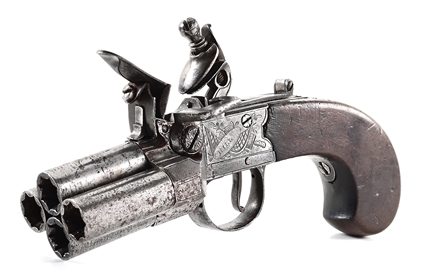 (A) RARE HILL OF LONDON .40 CALIBER FOUR BARREL FLINTLOCK POCKET PISTOL.