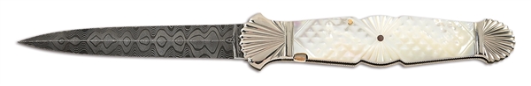 KEN STEIGERWALT CUSTOM DAMASCUS AND MOTHER OF PEARL AUTO DAGGER.