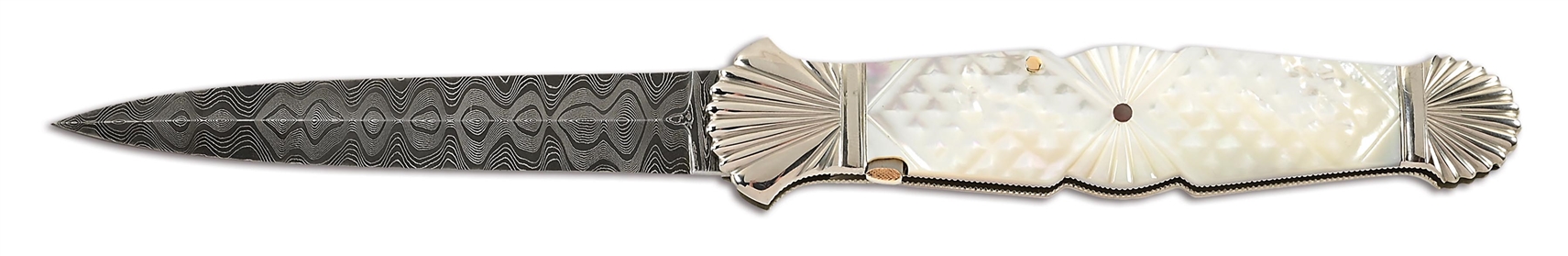 KEN STEIGERWALT CUSTOM DAMASCUS AND MOTHER OF PEARL AUTO DAGGER.