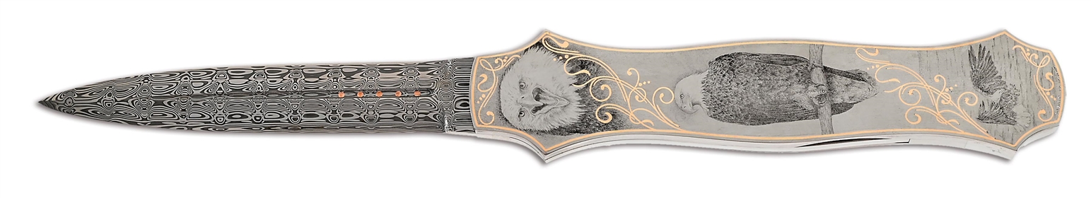 TONY BAKER CUSTOM DAMASCUS BLADE AMERICAN EAGLE ENGRAVED AUTO DAGGER.