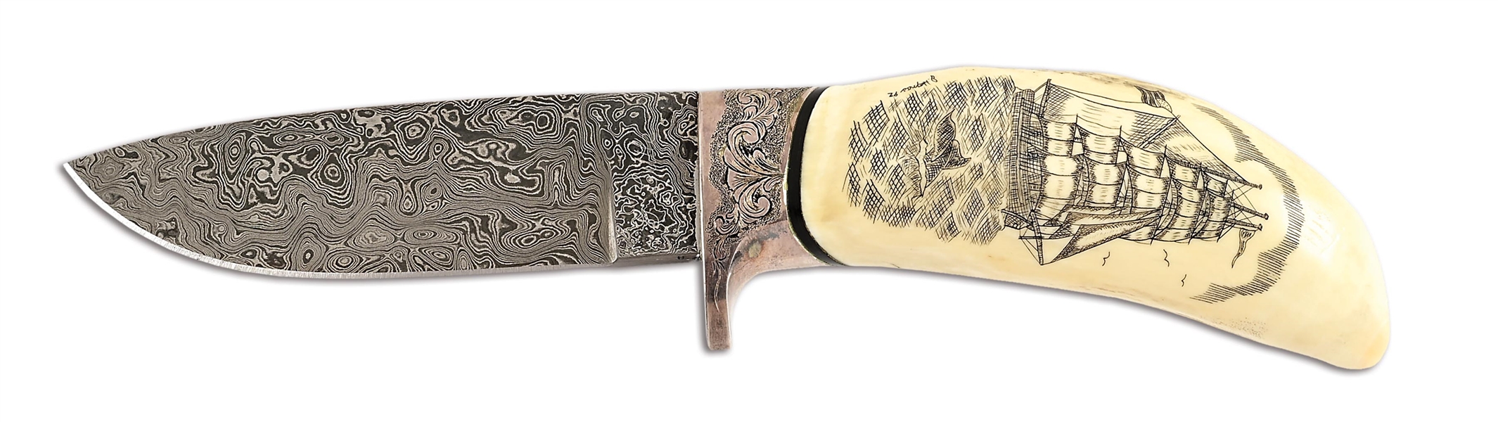 GARY LITTLE CUSTOM SCRIMSHAW WHALES TOOTH AND DAMASCUS KNIFE.