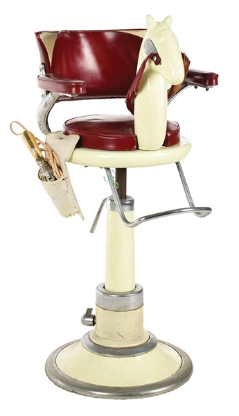 PORCELAIN & IRON CHILDRENS BARBER CHAIR W/ MOUNTED HORSE & CAP GUN