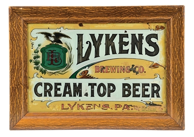 LYKENS CREAM TOP BEER REVERSE PAINTED GLASS SIGN