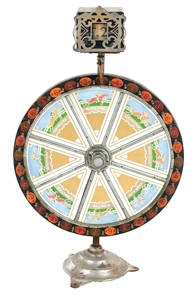 EVANS HORSE RACING GAMBLING WHEEL WITH ODDS MAKER ON STAND