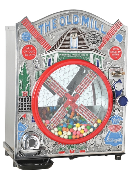 1¢ INTERNATIONAL MUTOSCOPE "THE OLD MILL" CIRCUS VENDING MACHINE WITH CAST IRON STAND