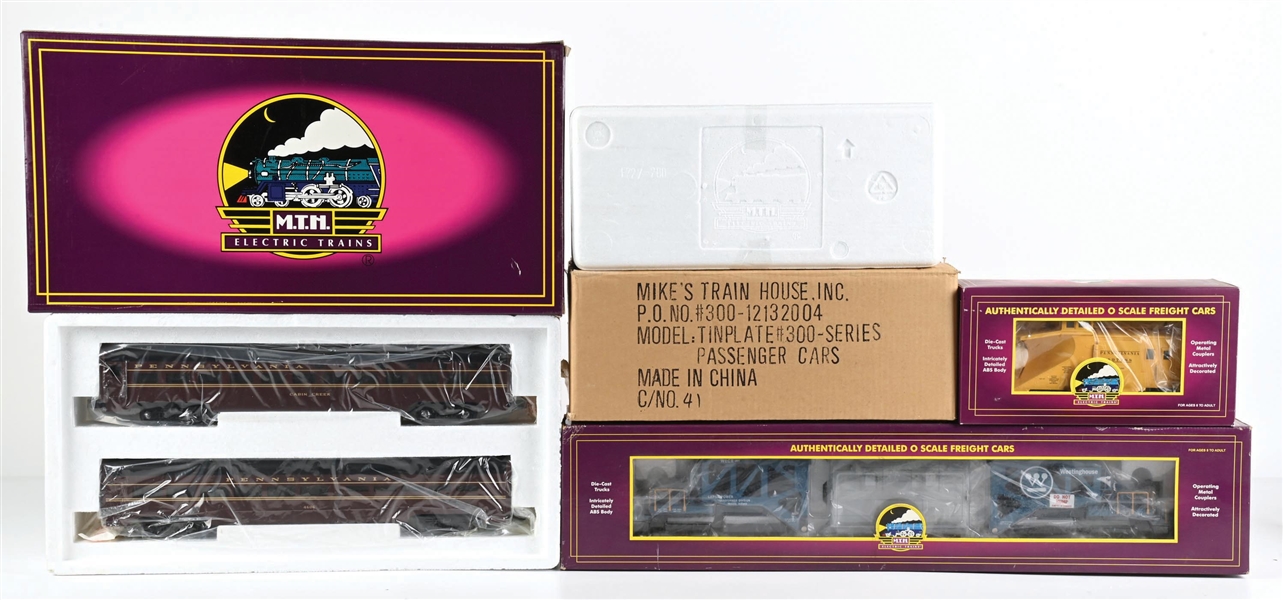 LOT OF 4: MTH PASSENGER CARS, SNOW PLOW & FLATCAR