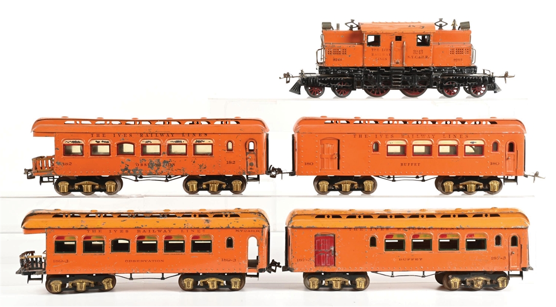 LOT OF 5: IVES LINES 3243 LOCO WITH BUFFET AND OBSERVATION CARS
