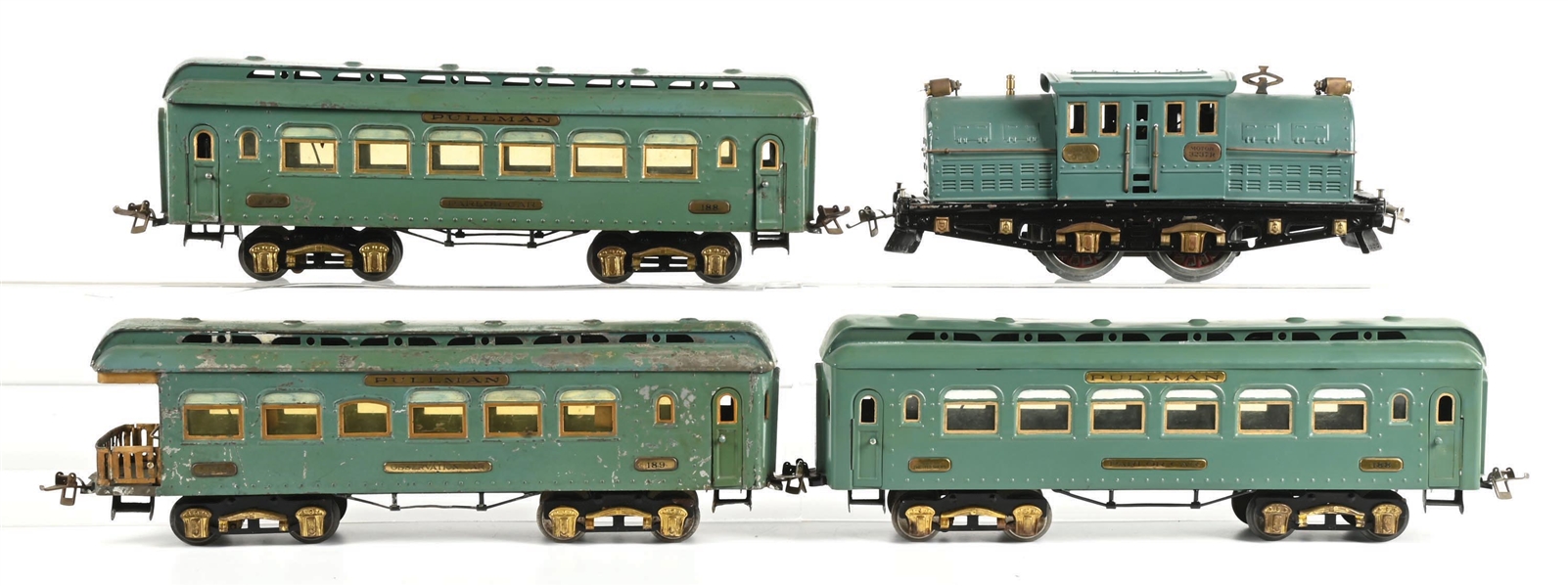 LOT OF 4: RESTORED IVES LINES STANDARD GUAGE SET W/ NO. 3237R LOCO WITH PULLMAN PARLOR AND OBSERVATION CARS