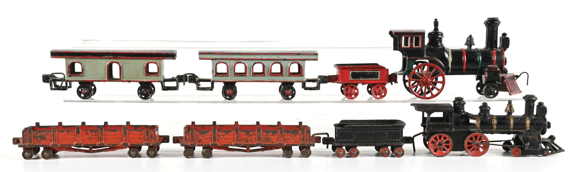 LOT OF 8: CAST IRON TRAINS AND ASSORTED CARS