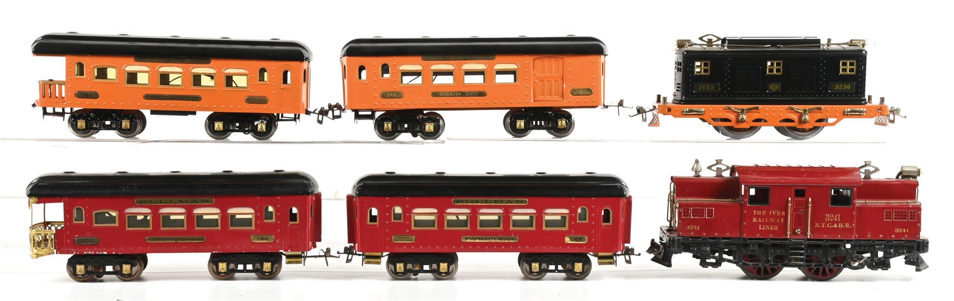 LOT OF 6: IVES NO. 3236 & 3241 LOCOMOTIVES WITH PULLMAN CARS