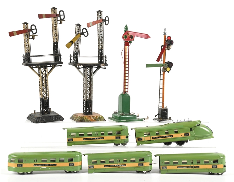 LOT OF 9: AMERICAN FLYER ILLINOIS CENTRAL STREAMLINER AND ASSORTED TRAIN SIGNALS