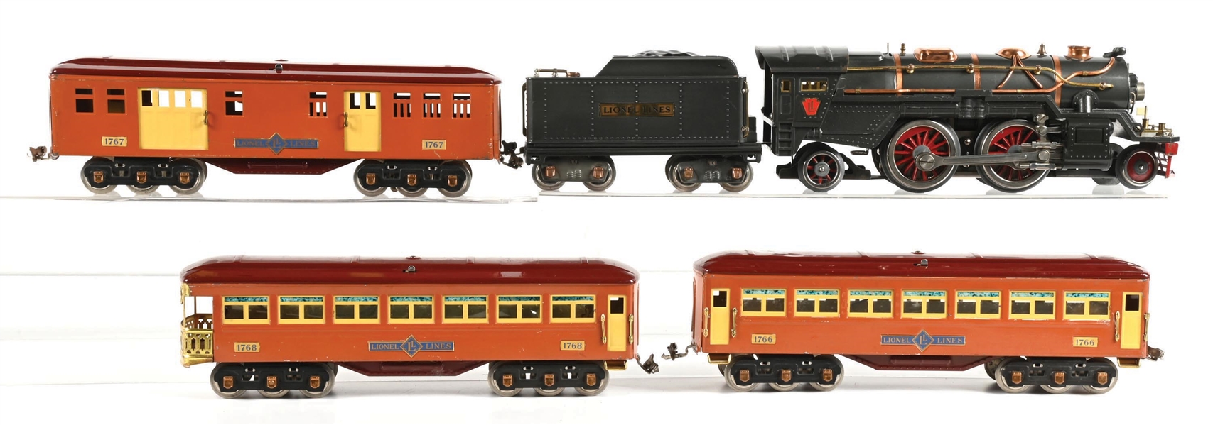 LOT OF 5: LIONEL STD-GA. 385E STEAM LOCO W/ 1766, 1767, & 1768 TRANSITION PASSENGER CARS