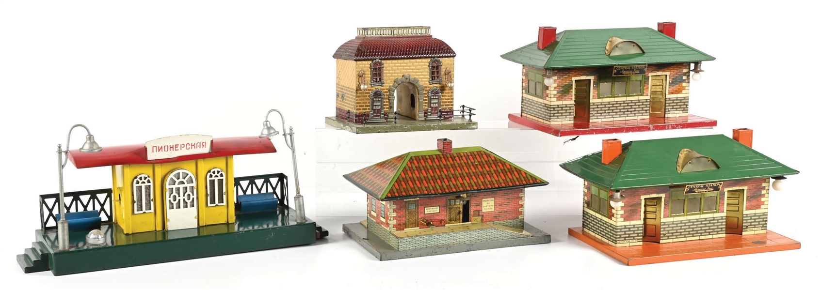 LOT OF 5: ASSORTED PREWAR TIN TRAIN STATIONS