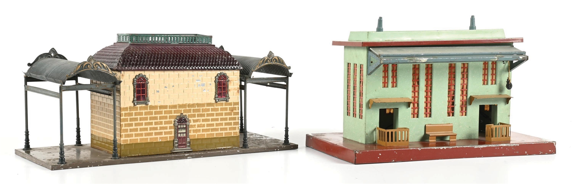 LOT OF 2: GERMAN PAINTED TIN TRAIN STATIONS
