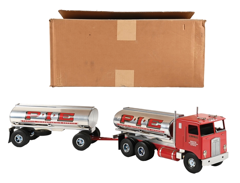 LOT OF 2: FRED THOMPSON SMITH MILLER P.I.E. TANKER TRUCK & TRAILER WITH BOX