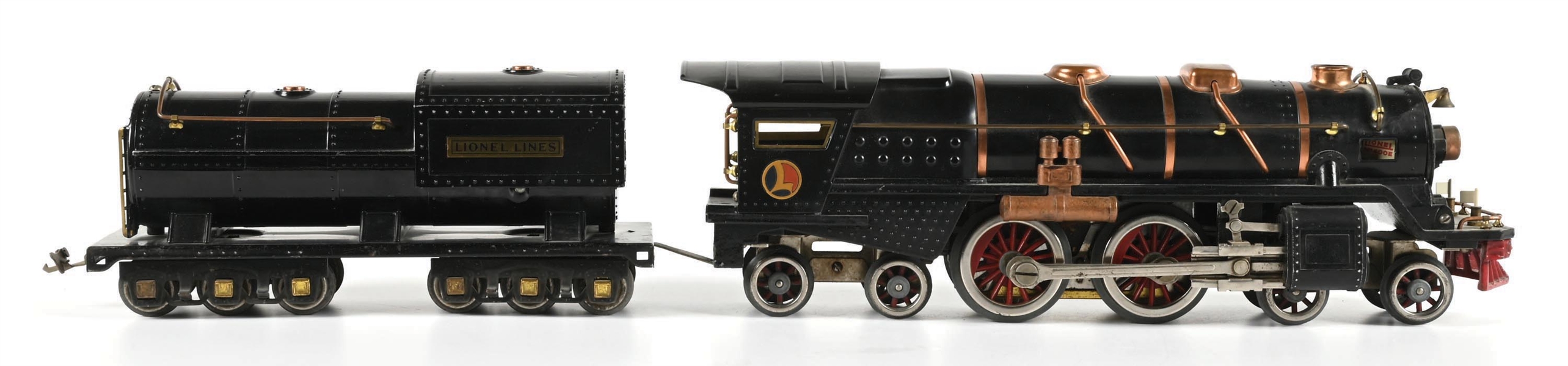 LIONEL STANDARD GA. BLACK NO. 400E LOCOMOTIVE AND NO. 400T TENDER IN BLACK WITH COPPER TRIM