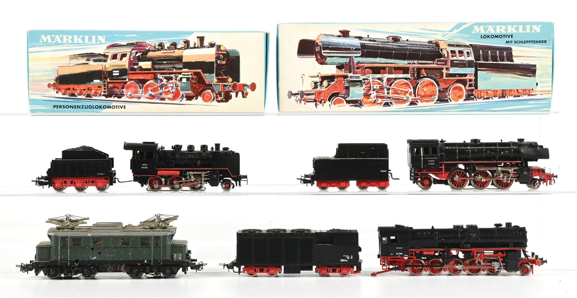 LOT OF 4: MARKLIN HO STEAM ENGINES AND ELECTRIC LOCO W/ 2 BOXES
