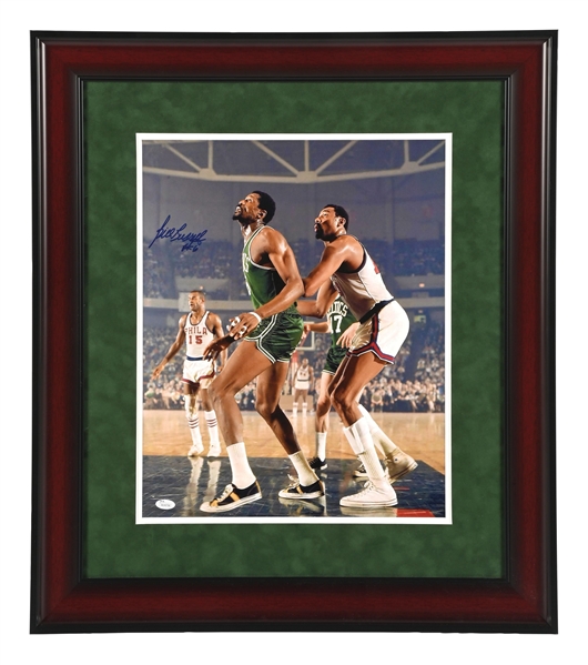 BILL RUSSELL #6, BOSTON CELTICS AUTOGRAPHED FRAMED COLOR PHOTO W/ JSA CERTIFICATE