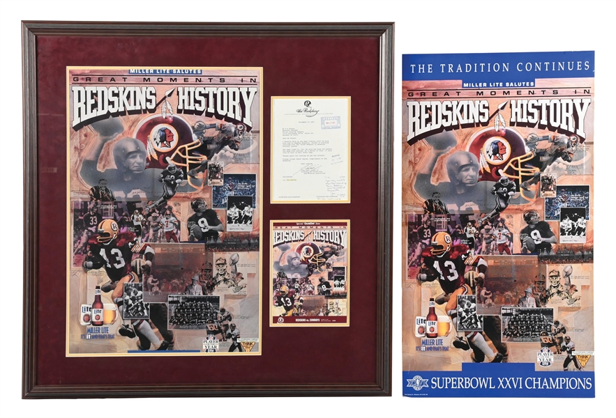 LOT OF 6: 1991 WASHINGTON REDSKINS FRAMED PROMO POSTER, PROGRAM & LETTER