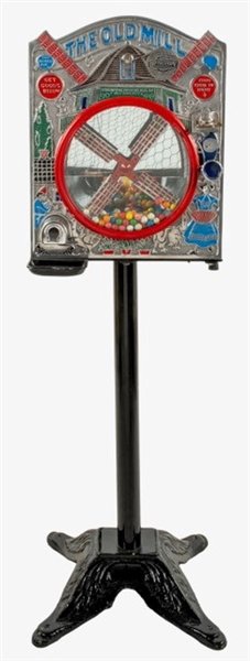 1¢ INTERNATIONAL MUTOSCOPE "THE OLD MILL" CIRCUS VENDING MACHINE WITH CAST IRON STAND