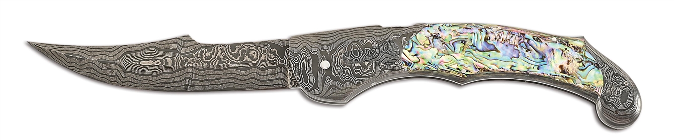 JOE KIOUS CUSTOM DAMASCUS AND ABALONE AUTO KNIFE.