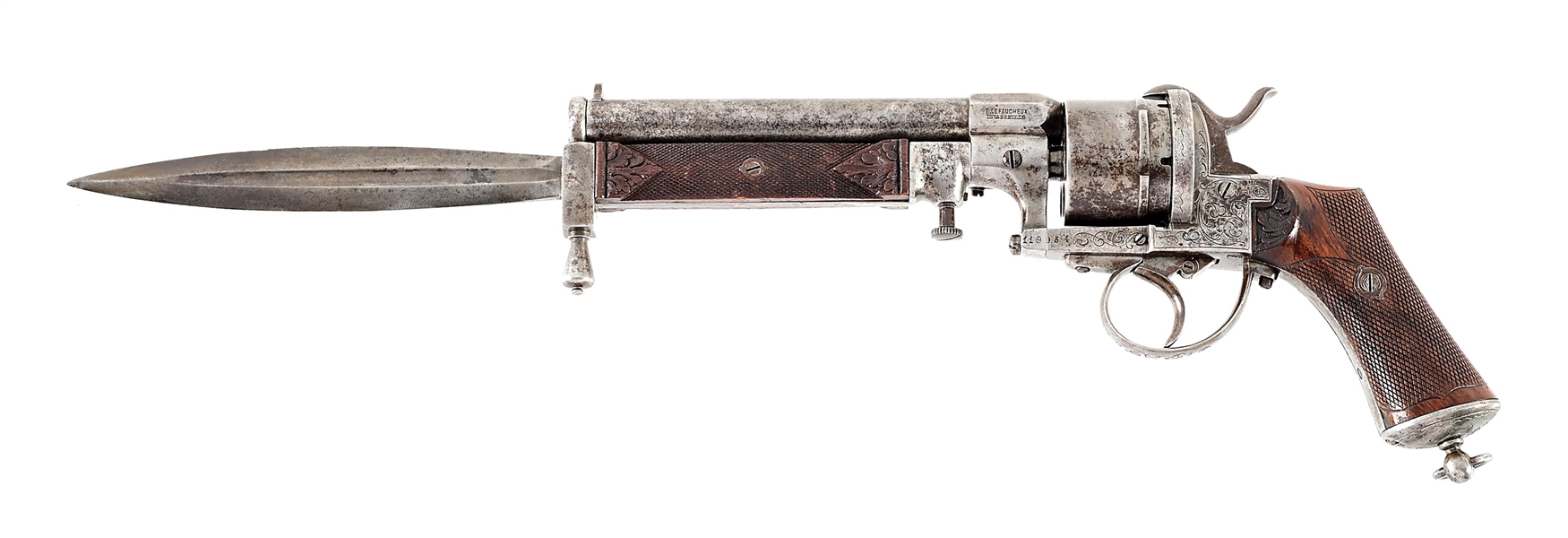 (A) RARE ENGRAVED BREVETTE LEFAUCHEUX DOUBLE ACTION REVOLVER WITH BAYONET.