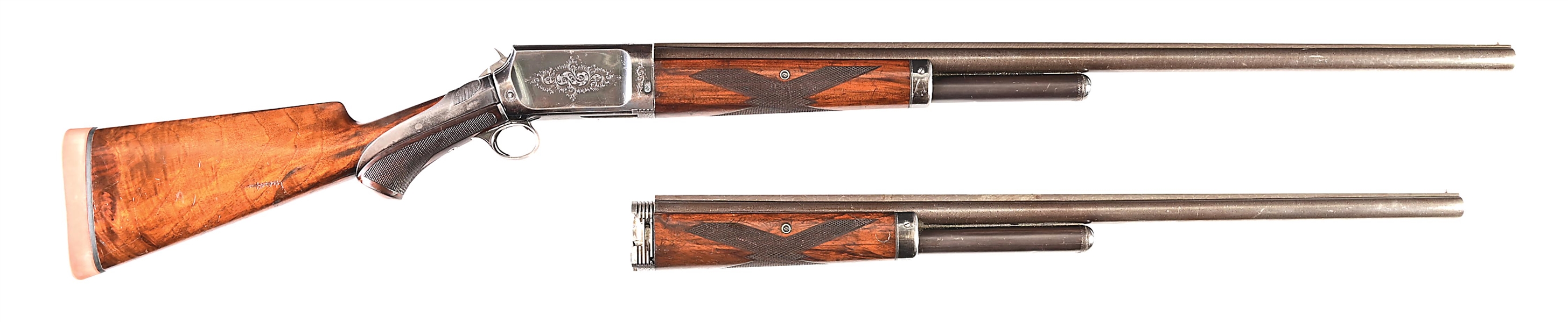 (A) FACTORY ENGRAVED DELUXE BURGESS SLIDE ACTION SHOTGUN WITH SPARE BARREL ASSEMBLY.