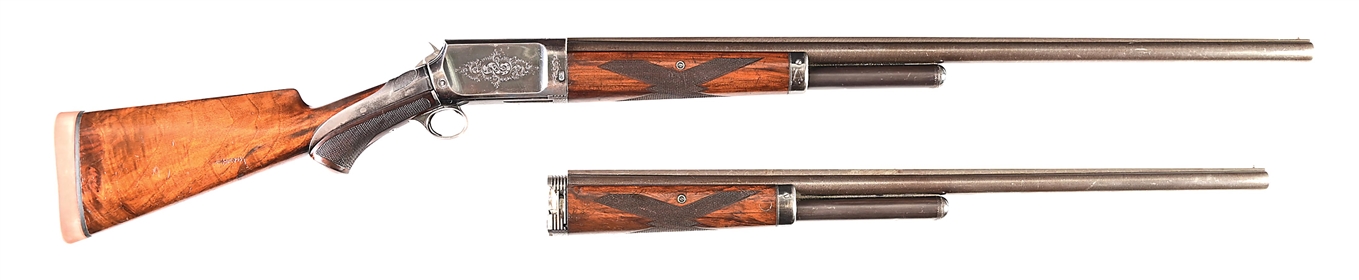 (A) FACTORY ENGRAVED DELUXE BURGESS SLIDE ACTION SHOTGUN WITH SPARE BARREL ASSEMBLY.