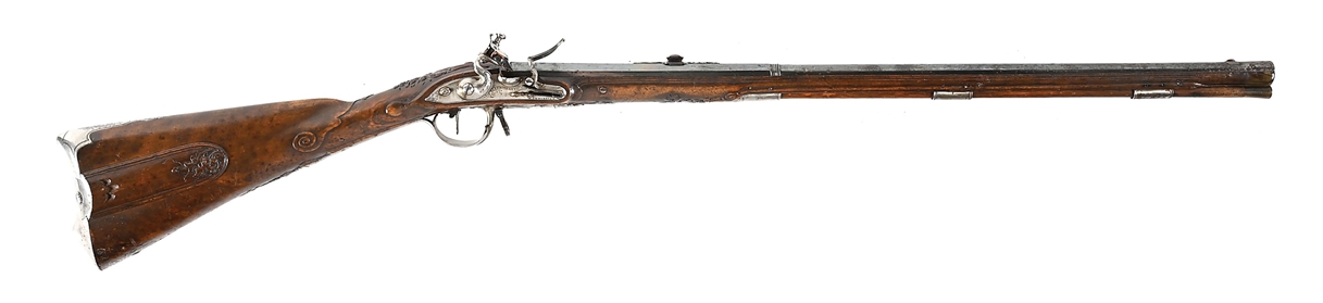 (A) FINELY CARVED RIFLED FLINTLOCK JAEGER CARBINE BY EISENMENGER WITH CAVALRY SIDEBAR.