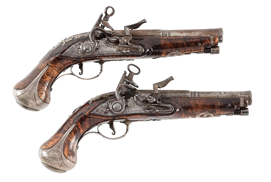 (A) PAIR OF SILVER MOUNTED SPANISH FLINTLOCK PISTOLS BY F. ACQUAVIVA WITH GOLD TOUCH MARKS.