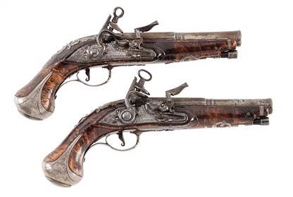 (A) PAIR OF SILVER MOUNTED SPANISH FLINTLOCK PISTOLS BY F. ACQUAVIVA WITH GOLD TOUCH MARKS.