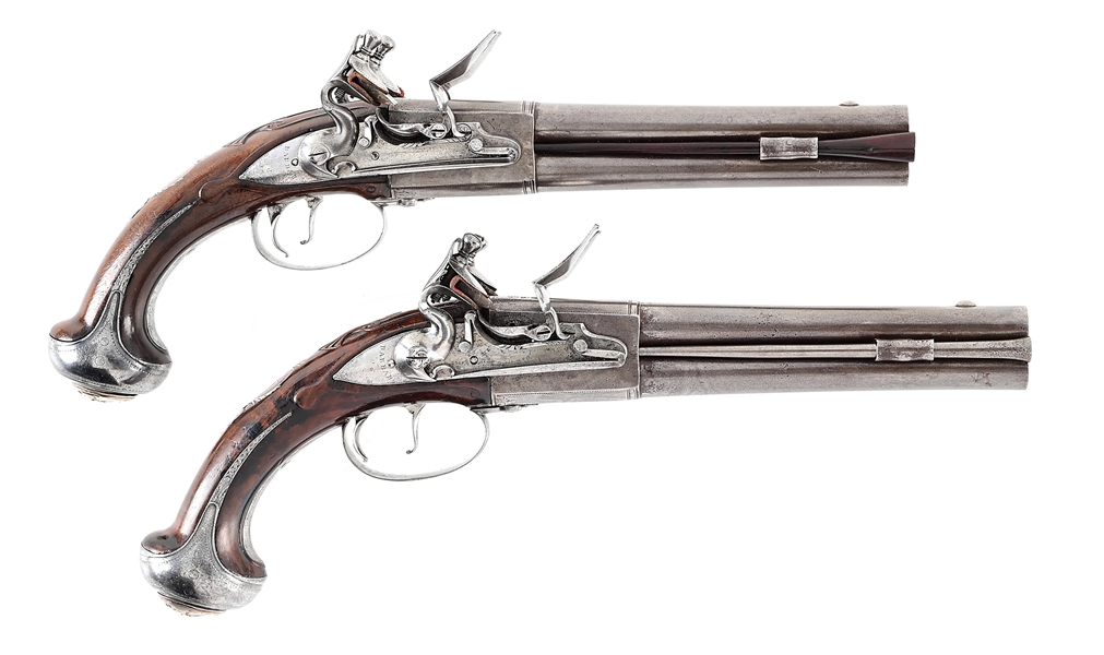(A) FINE DOCUMENTED PAIR OF BRITISH OVER UNDER DOUBLE LOCK FLINTLOCK PISTOLS BY JAMES BARBAR, EX. WARREN MOORE COLLECTION.