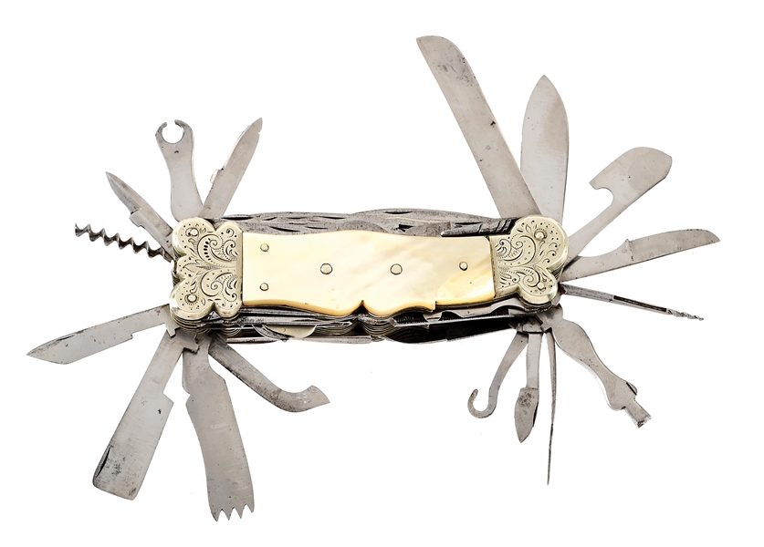 ENGRAVED FRENCH UTILITY KNIFE WITH MOTHER OF PEARL SCALES.