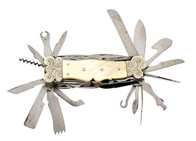 ENGRAVED FRENCH UTILITY KNIFE WITH MOTHER OF PEARL SCALES.