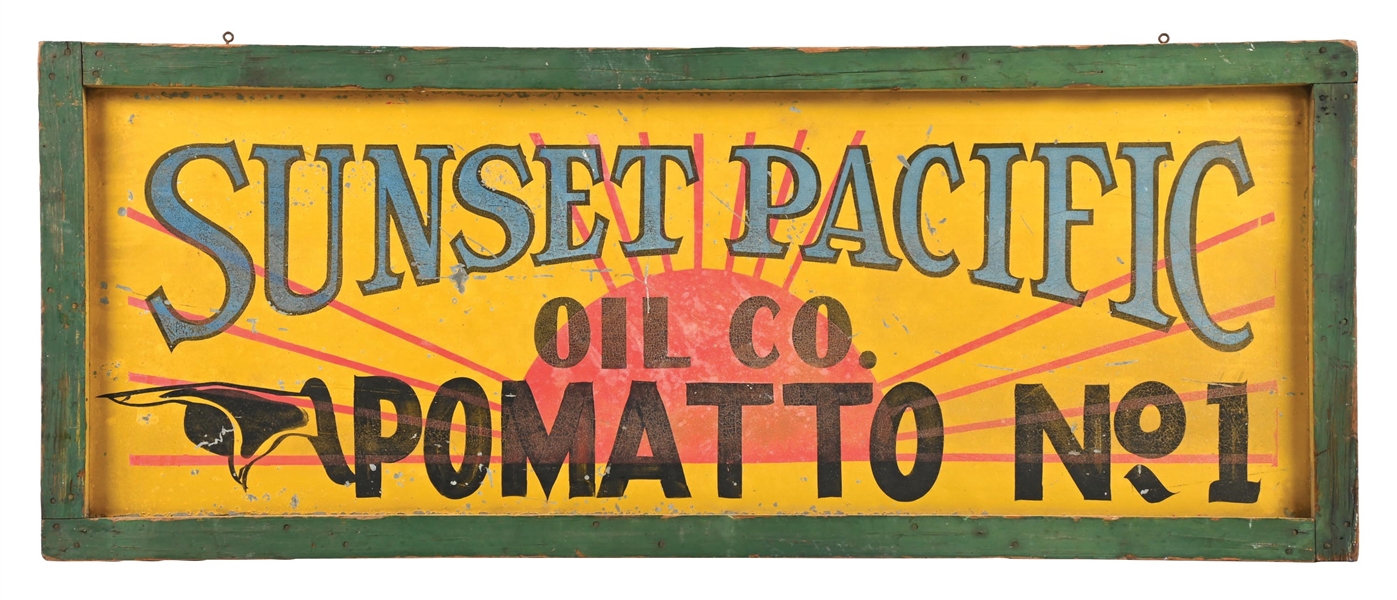 RARE SUNSET PACIFIC OIL CO. POMATTO NO. 1 PAINTED TIN SIGN WITH ORIGINAL WOOD FRAME