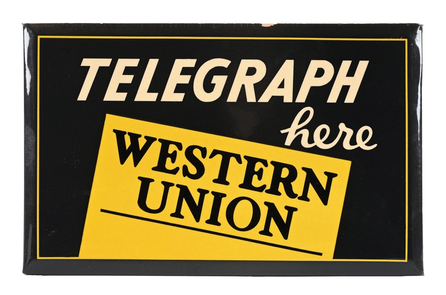 WESTERN UNION TELEGRAPH HERE CELLULOID OVER CARDBOARD SIGN W/ EASEL BACK. 