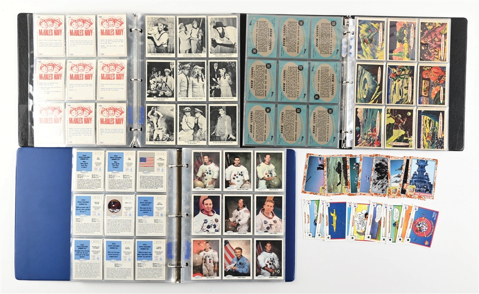 1965 MCHALES NAVY, 1958 TOPPS TARGET MOON & SPACE SHOTS TRADING CARDS IN BINDERS