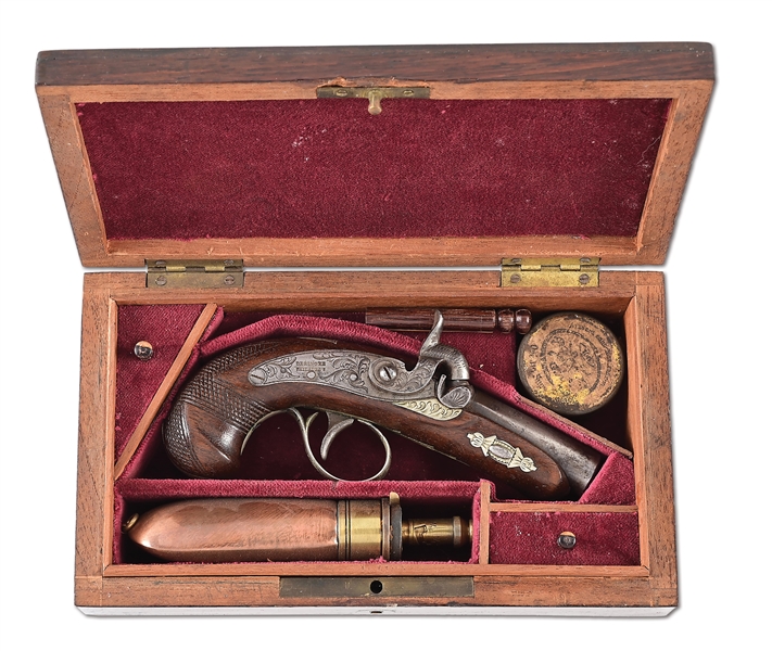 (A) CASED HENRY DERINGER PERCUSSION POCKET PISTOL.