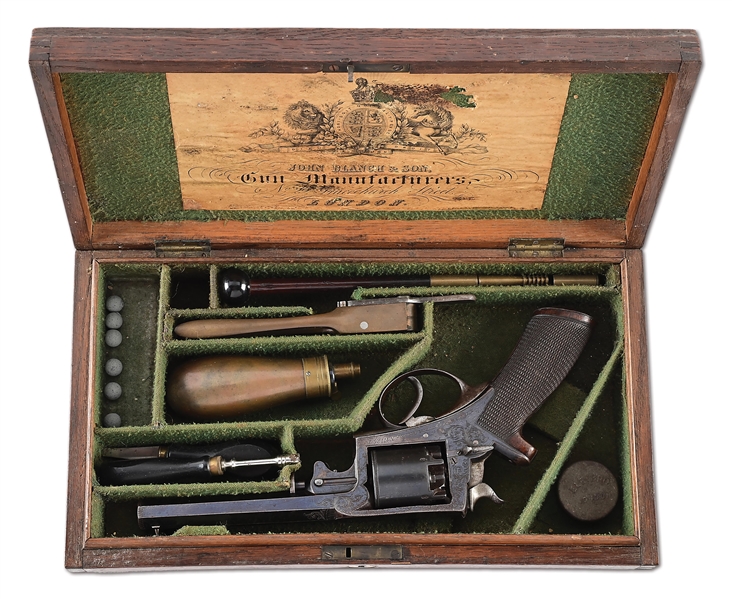 (A) FACTORY ENGRAVED ADAMS & TRANTER PATENT DOUBLE ACTION ONLY PERCUSSION REVOLVER RETAILED BY J. BLANCH & SON.