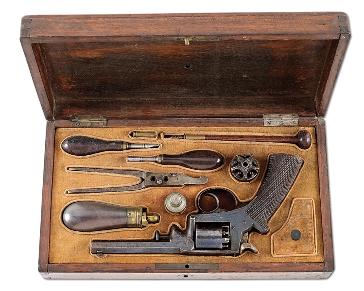 (A) CASED BELGIAN ADAMS PATENT DOUBLE ACTION PERCUSSION REVOLVER.