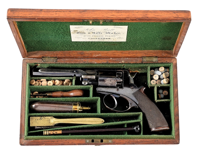 (A) CASED ADAMS PATENT LARGE FRAME DOUBLE ACTION PERCUSSION REVOLVER.